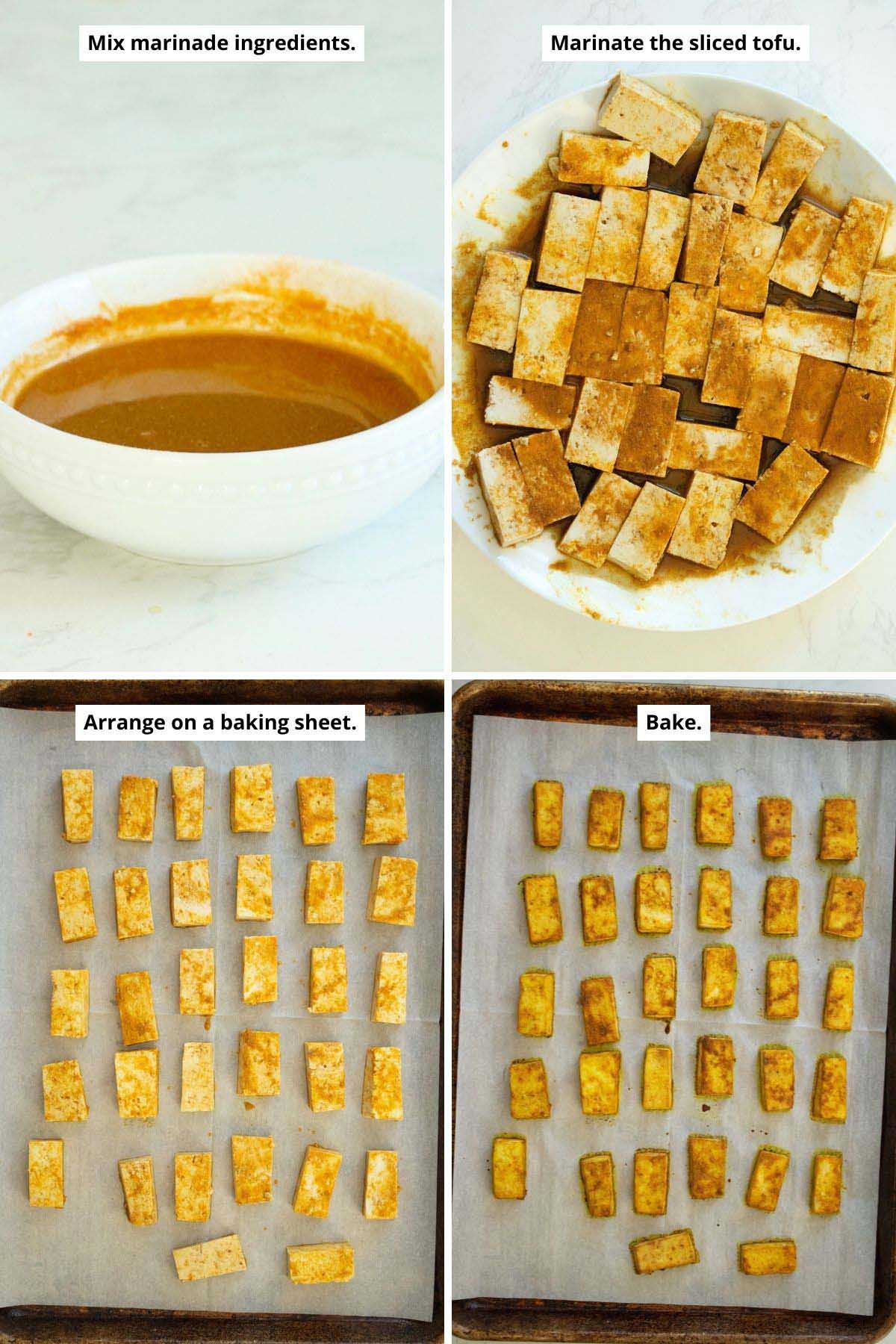 image collage showing the tofu marinade in a bowl and on the tofu and the tofu on the baking sheet before and after baking