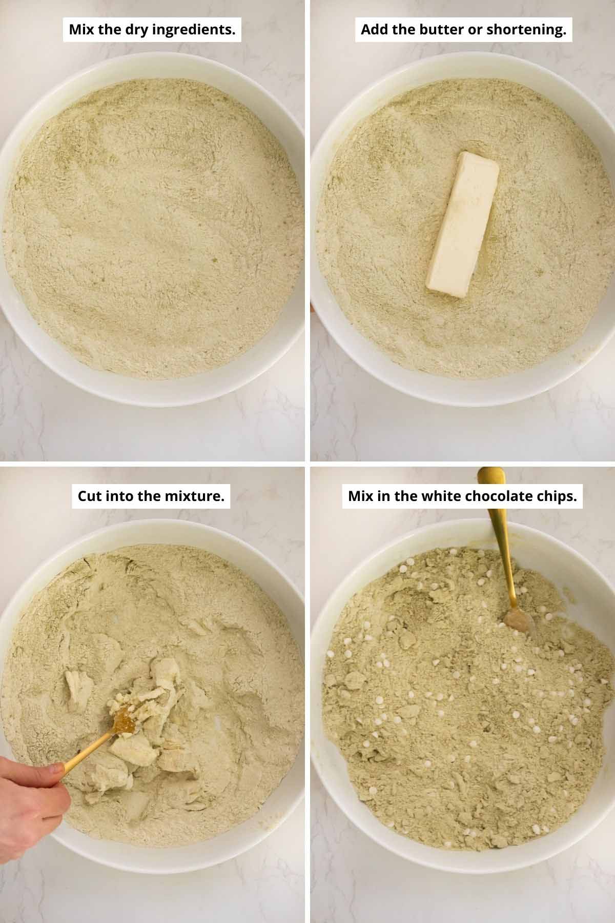 image collage showing dry ingredients, adding shortening, cutting in the shortening, and the mixture after the shortening is mixed in