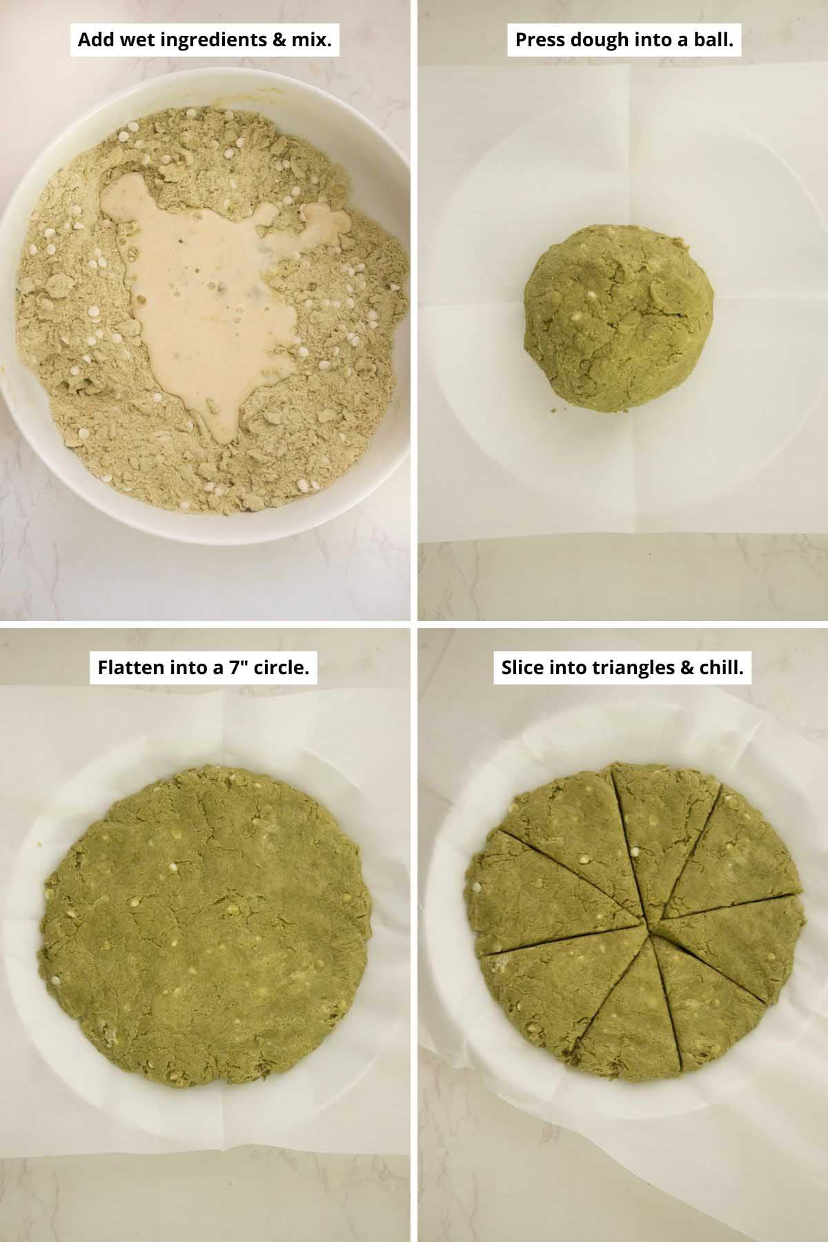 image collage showing adding the wet ingredients to the dry, the dough ball after mixing and after pressing and then slicing into triangles