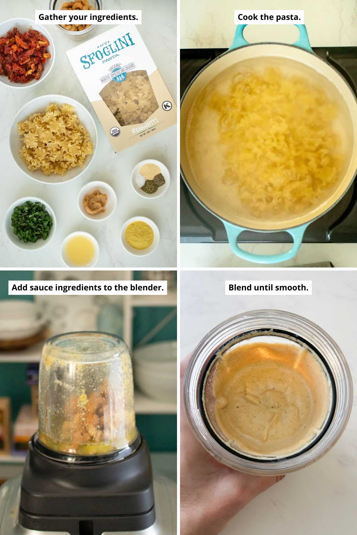 image collage showing prepped ingredients, boiling pasta, and sauce ingredients in the blender before and after blending