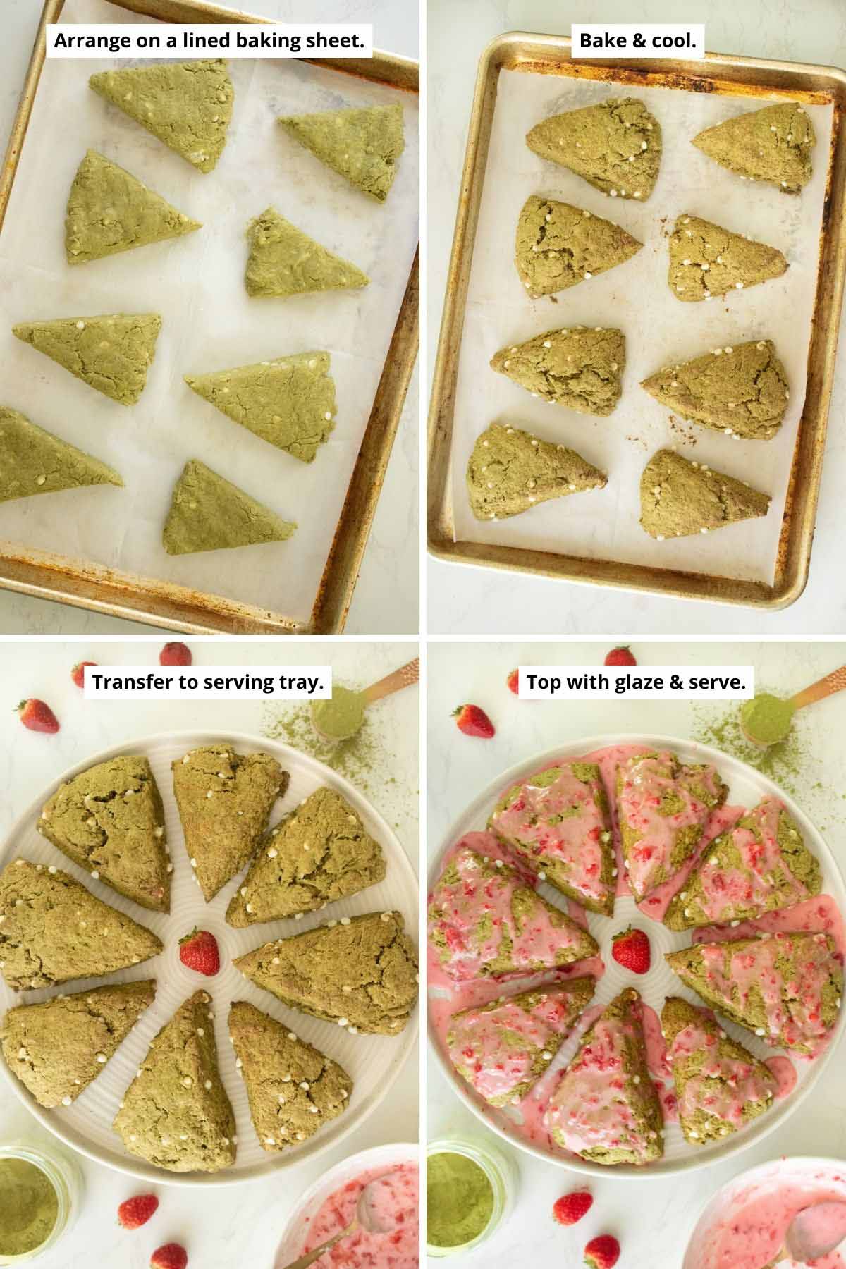 image collage showing matcha scones on the baking sheet before and after baking and on the plate before and after glazing