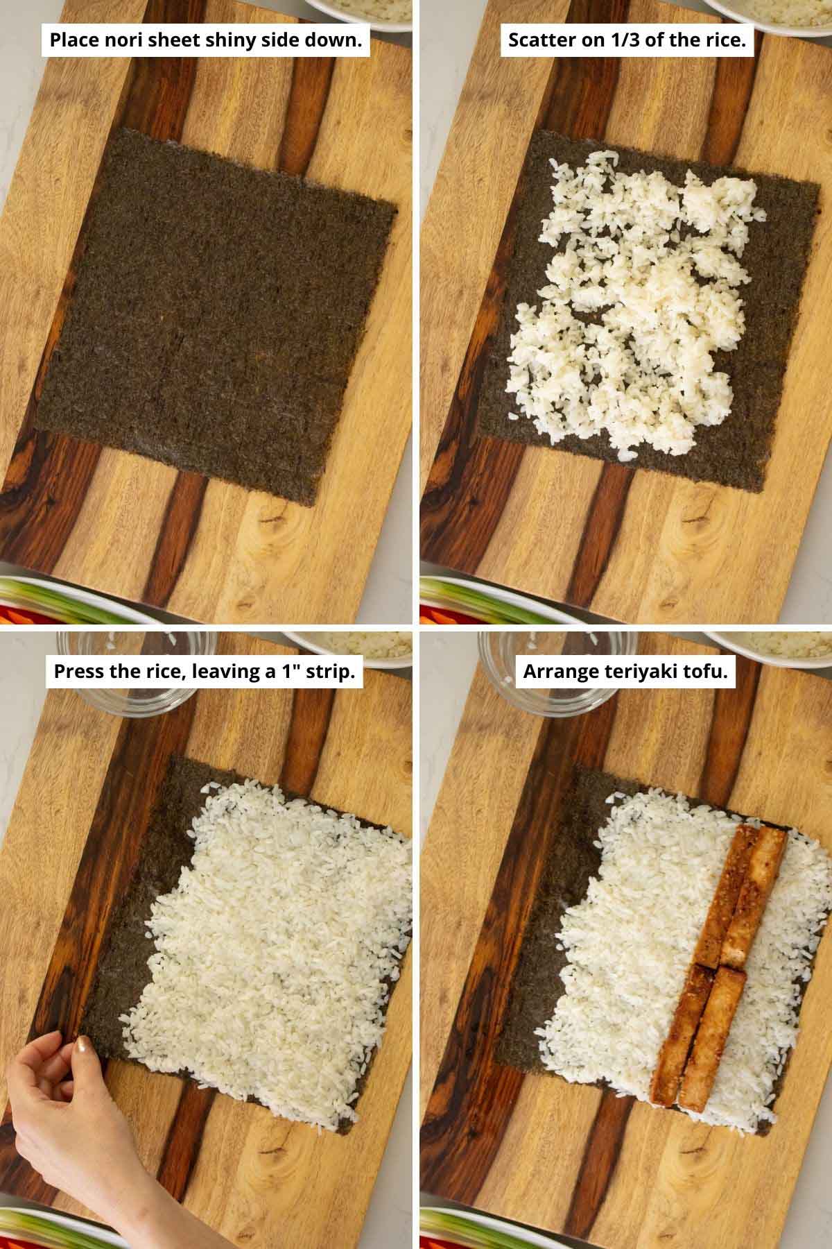 image collage showing sushi nori, adding rice to the nori, the rice after pressing, and arranging the tofu on the rice
