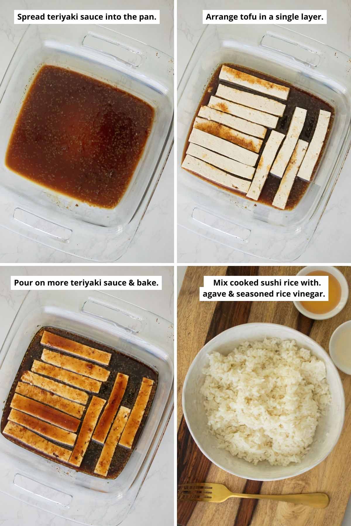 image collage showing how to put the tofu and sauce into the pan and the sushi rice mixed with vinegar and agave