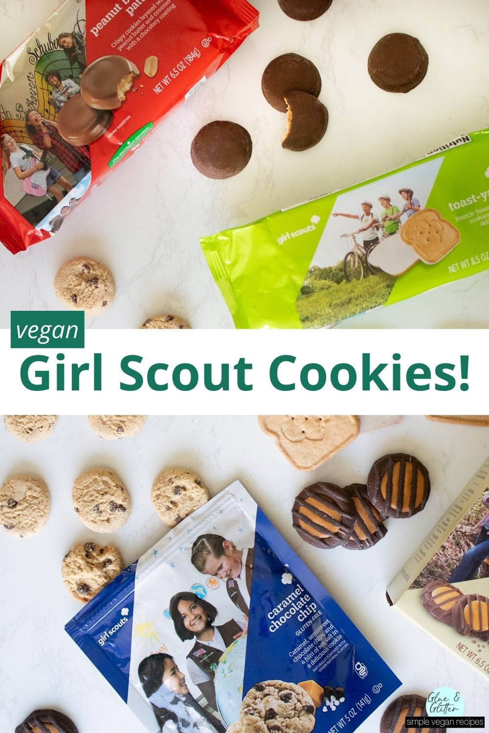 vegan Girl Scout Cookies on a white table, text overlay