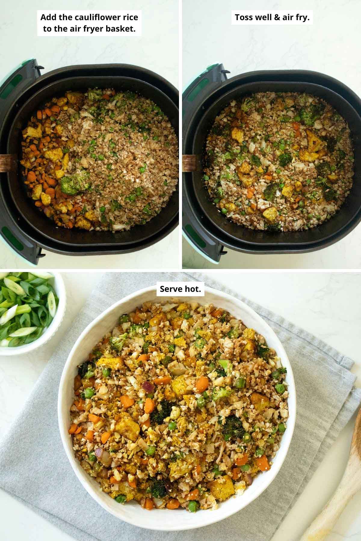 image collage showing the cauliflower rice in the air fryer before and after mixing and in a bowl after cooking