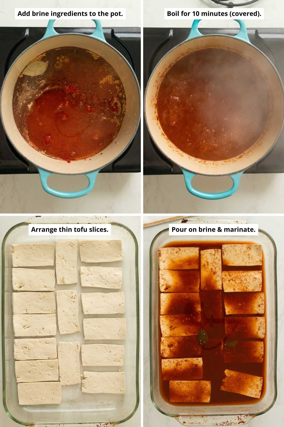 image collage showing the brine ingredients in the pot before and after boiling and the tofu in a pan before and after pouring on the brine