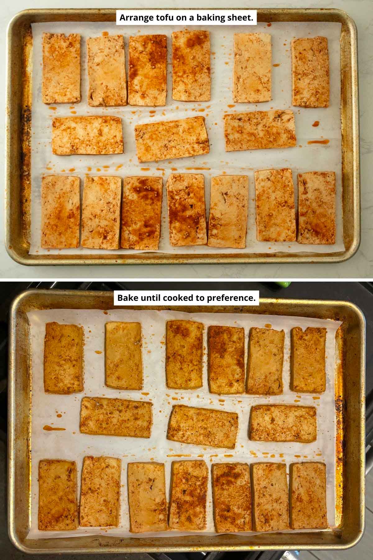 corned tofu on the baking sheet before and after baking