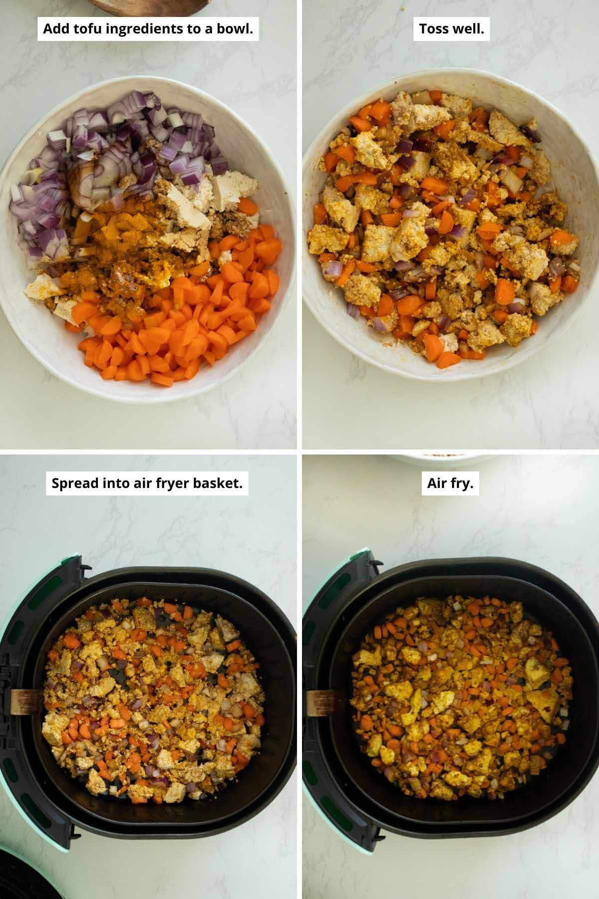 image collage showing mixing the eggy tofu and the tofu mixture in the air fryer basket before and after cooking