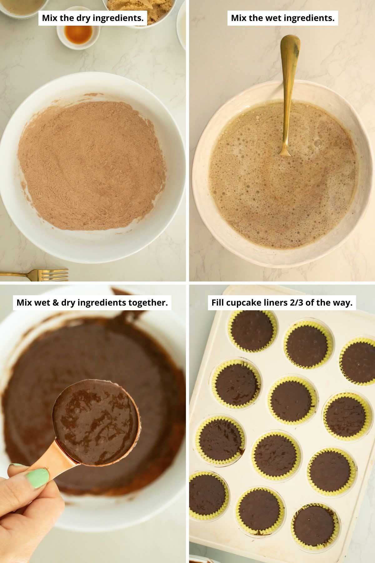 image collage showing mixed dry ingredients, wet ingredients, cupcake batter, and cupcakes in the baking pan before baking