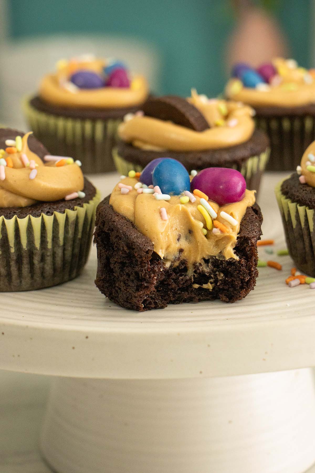 close-up of a peanut butter cupcake with a bite taken out