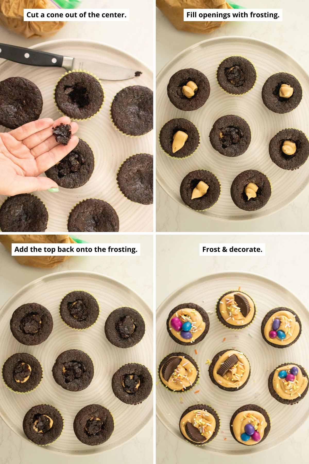 image collage showing how to cut, fill, and decorate the cupcakes