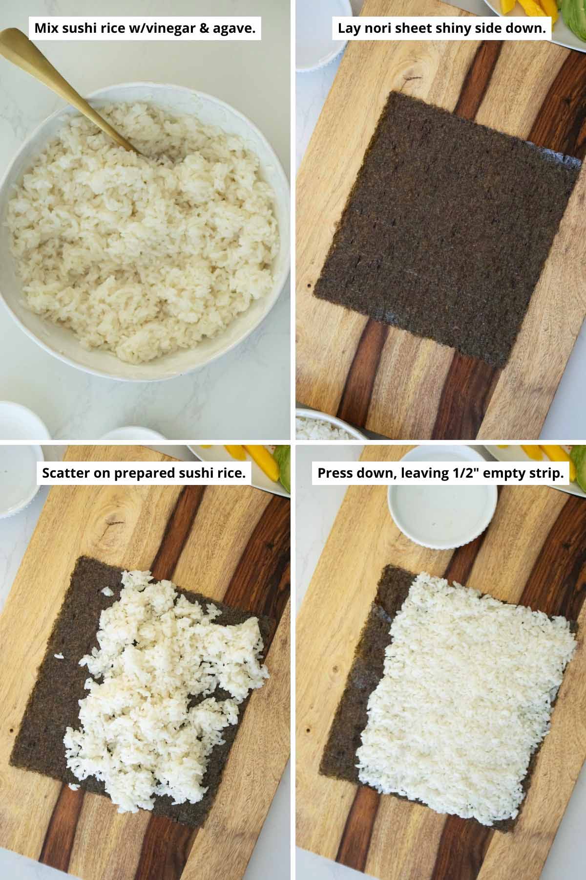 image collage showing seasoned sushi rice, a nori sheet, the rice scatted and then pressed onto the nori sheet