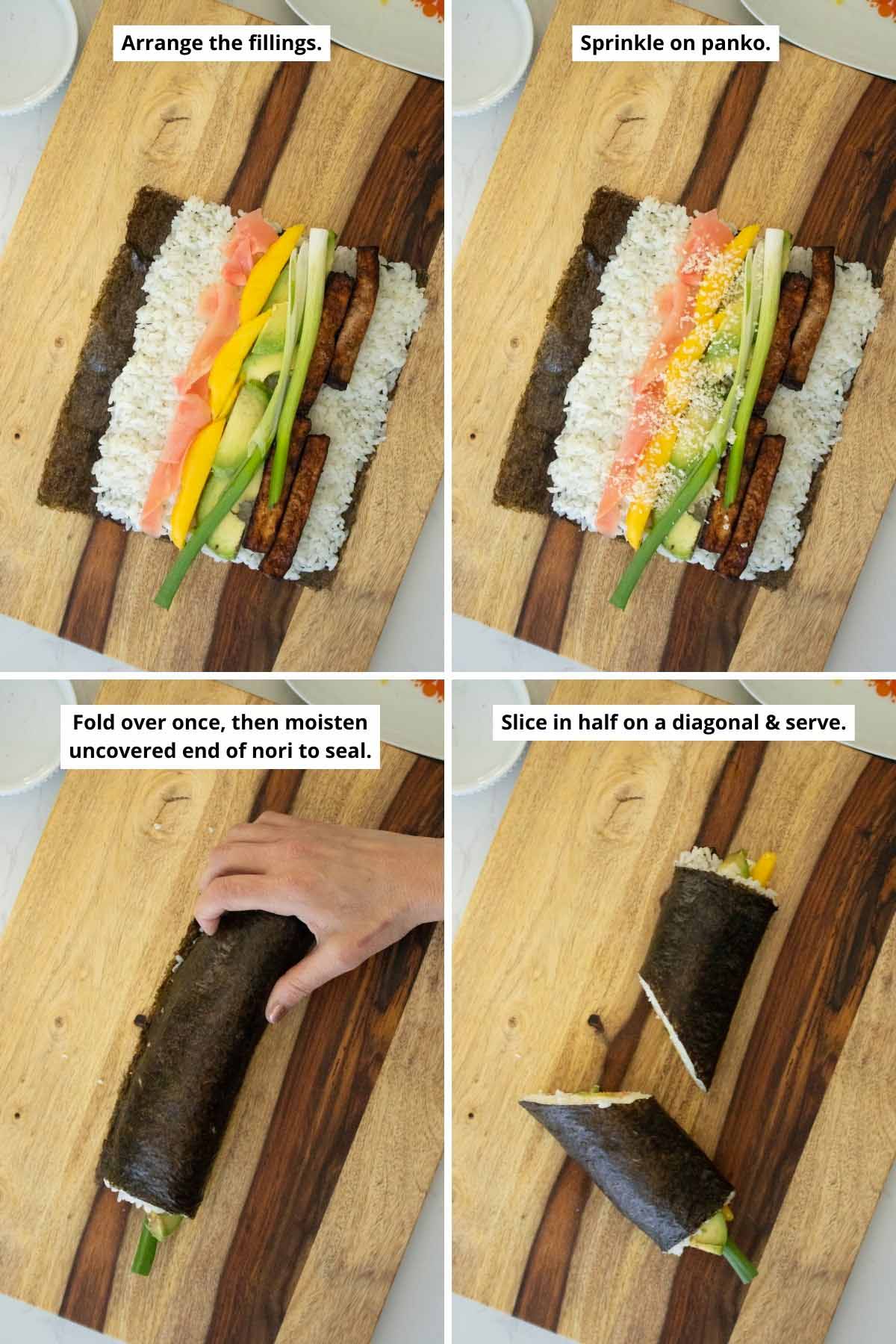image collage showing the sushi burrito fillings before rolling and with panko on top, the roll after rolling it up and after slicing