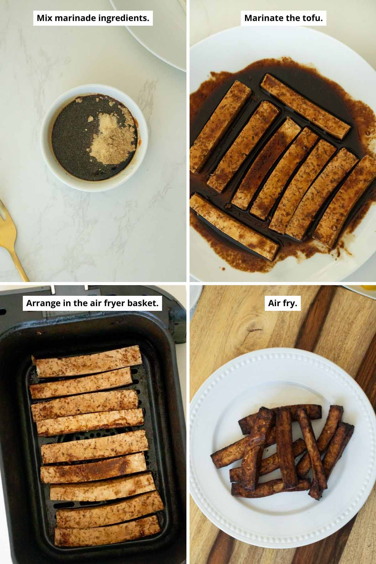 image collage showing the marinade before mixing together, poured over the tofu, the tofu in the air fryer basket, and the tofu on the plate after cooking