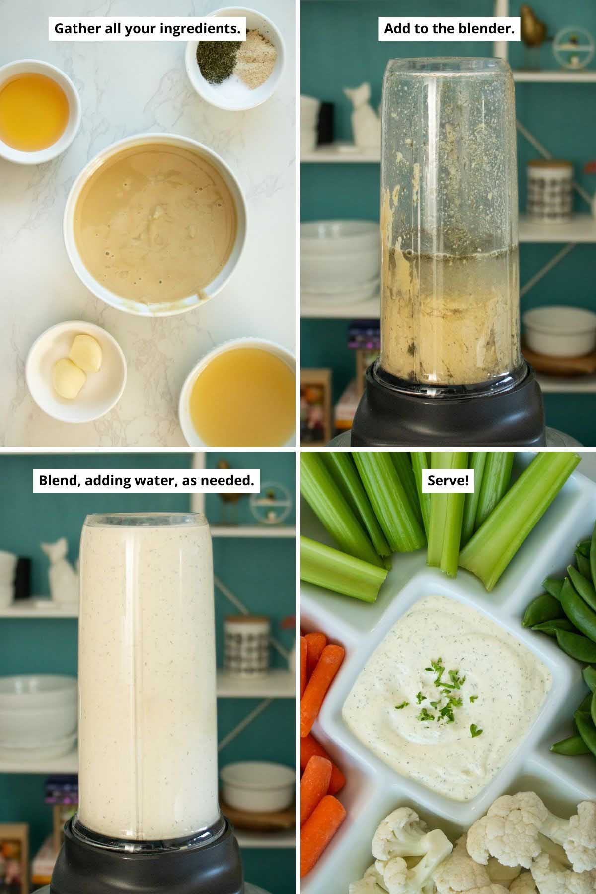image collage showing ingredients before and after adding to the blender and after blending both in the blender and in a serving tray of vegetables