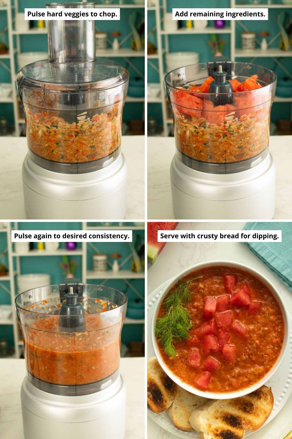 image collage showing making the gazpacho in the food processor and serving it with toppings and bread to dip