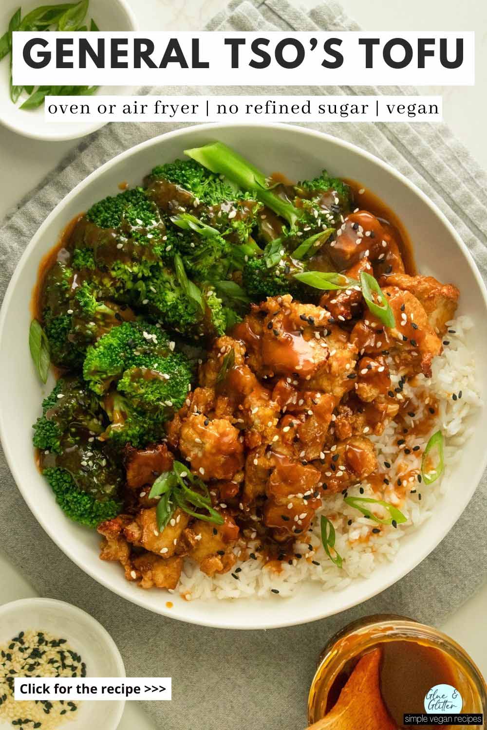 general tso's tofu in a white bowl with broccoli and rice, text overlay