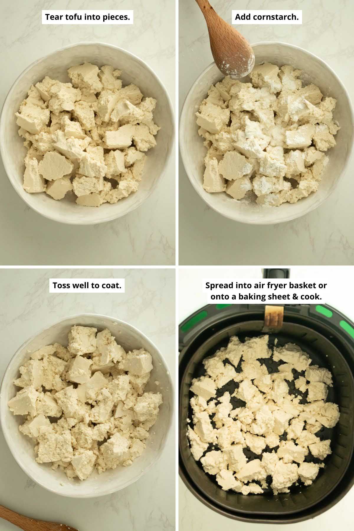 image collage showing coating the tofu in cornstarch and transferring to the air fryer basket