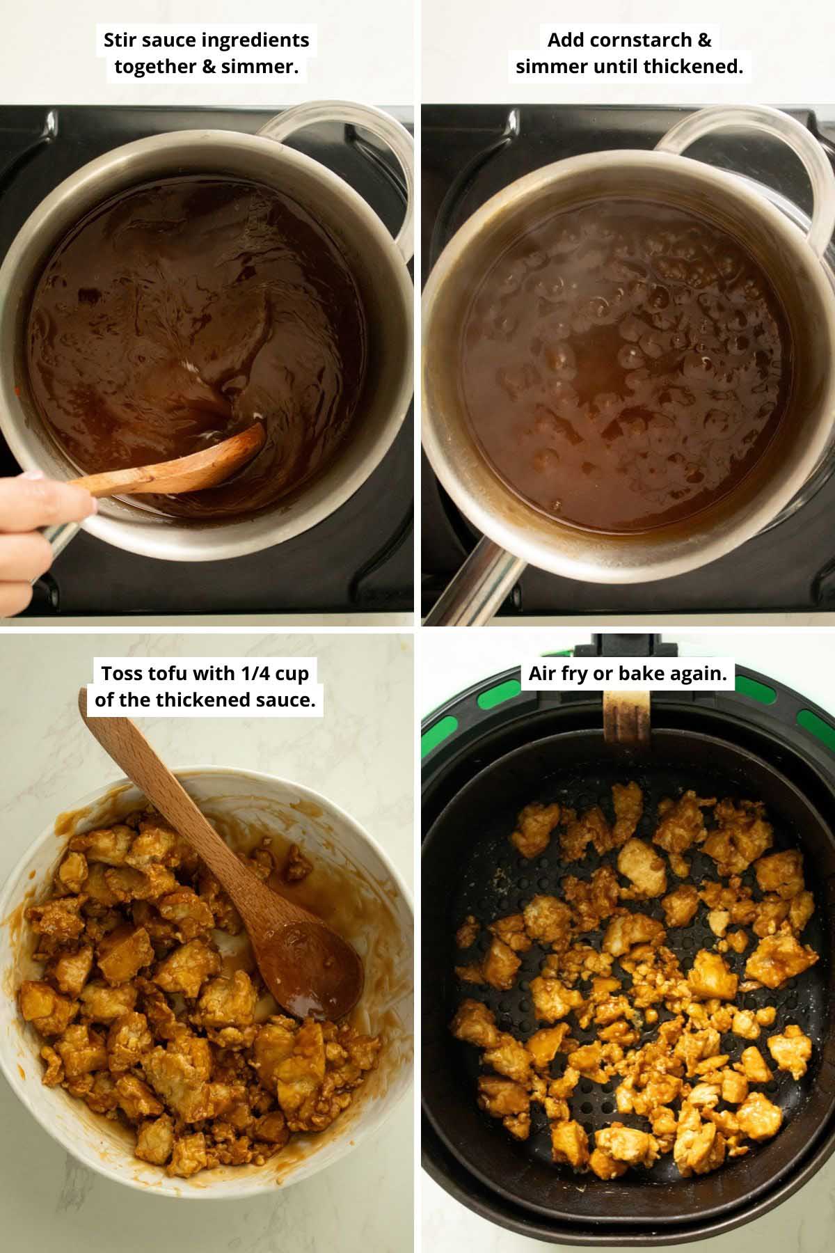 image collage showing the General Tso's sauce before and after boiling and the tofu tossed in the sauce and spread into the air fryer basket