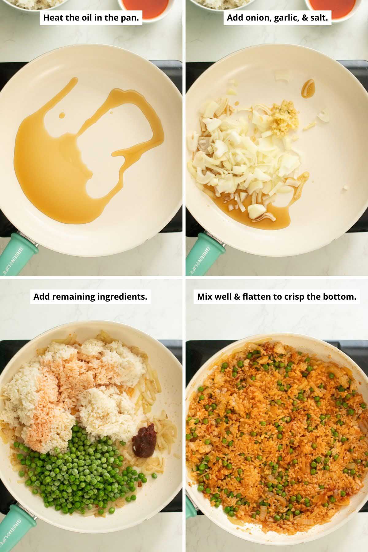 image collage showing the heated oil, adding the garlic and onion, adding the remaining ingredients before and after mixing and spreading the rice out
