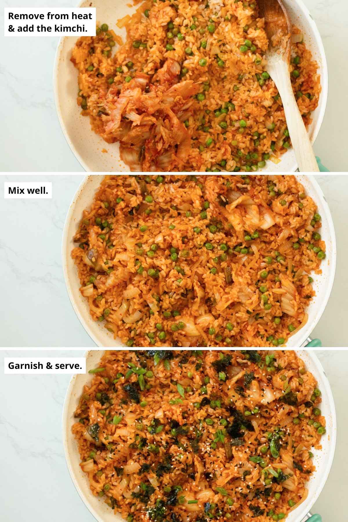 image collage showing adding the kimchi before and after mixing and after topping with sesame seeds, nori, and green onion