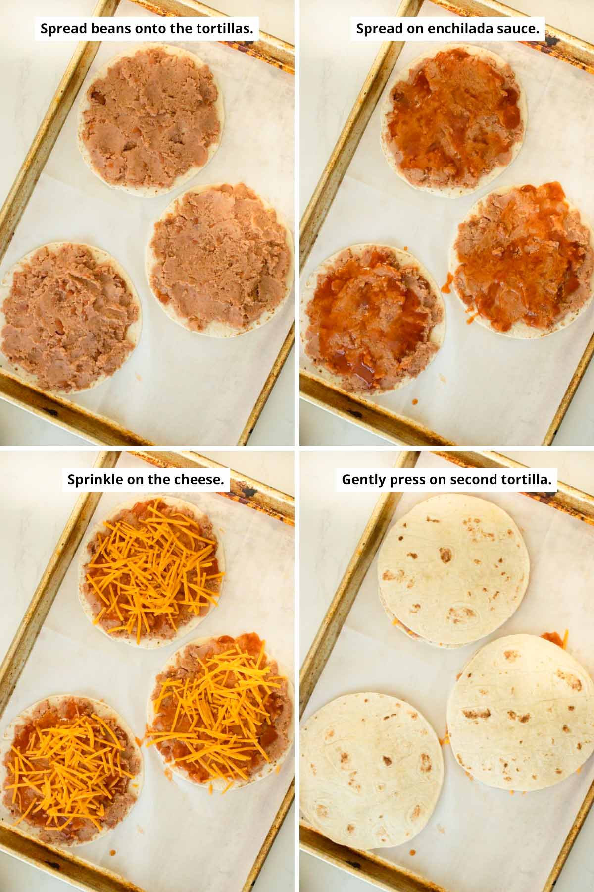 image collage showing adding the beans, adding sauce, then cheese, then the second tortilla