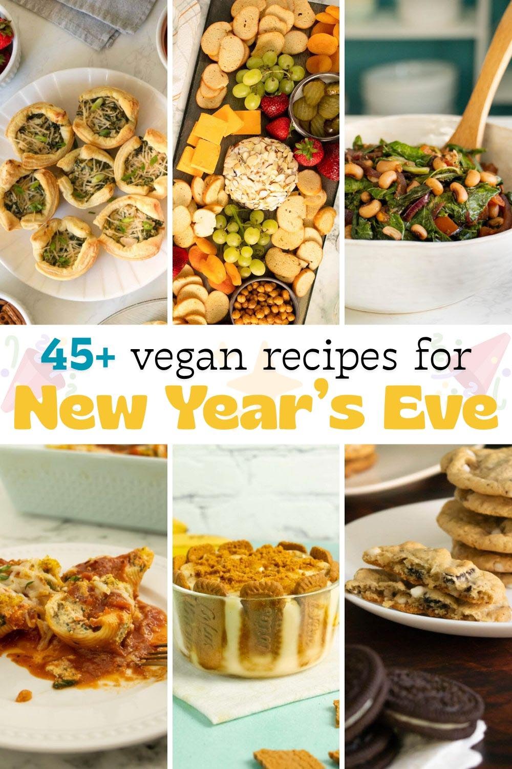 recipes for the vegan new year's even menu, text overlay