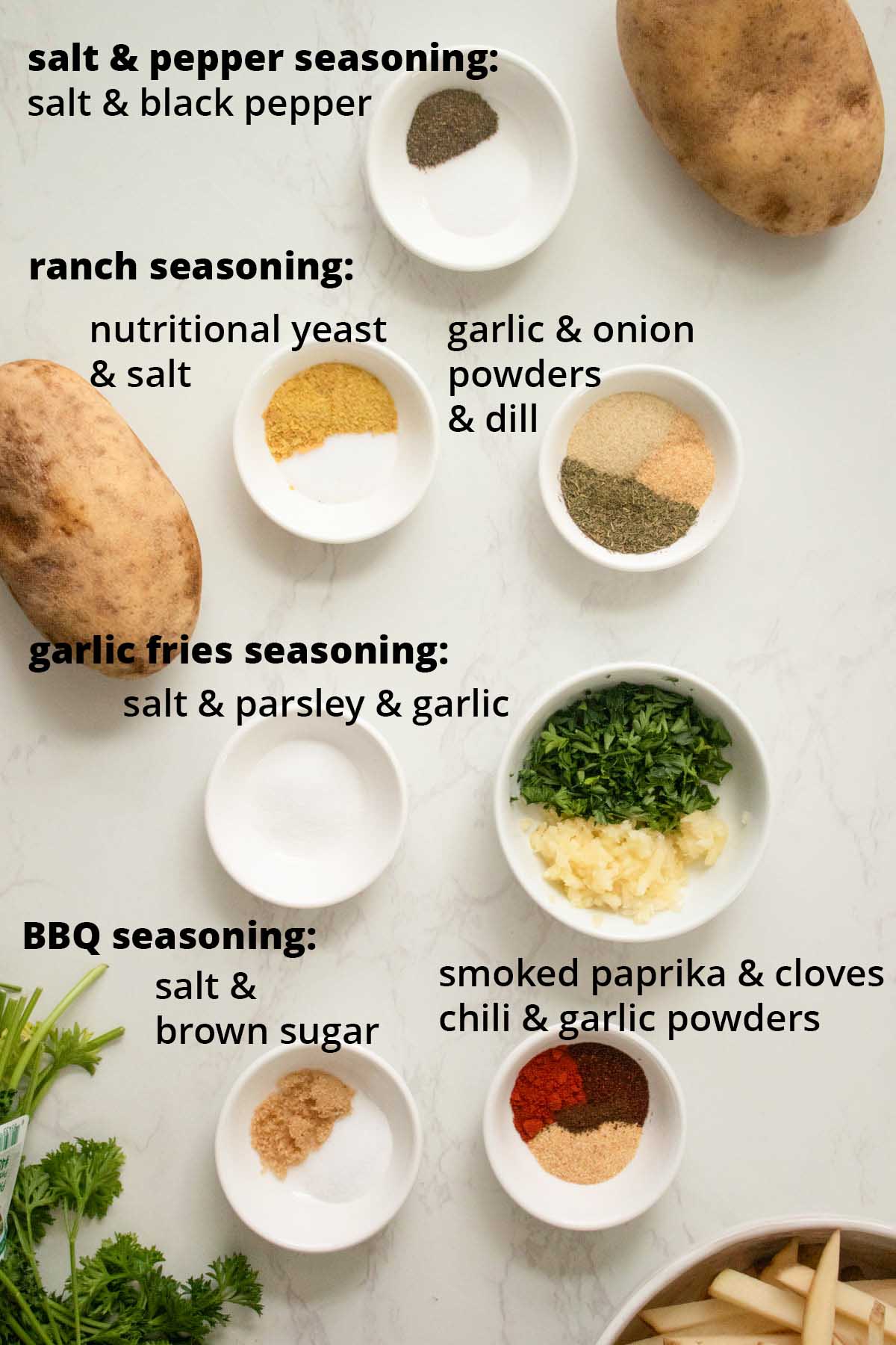 french fry seasonings with text labels
