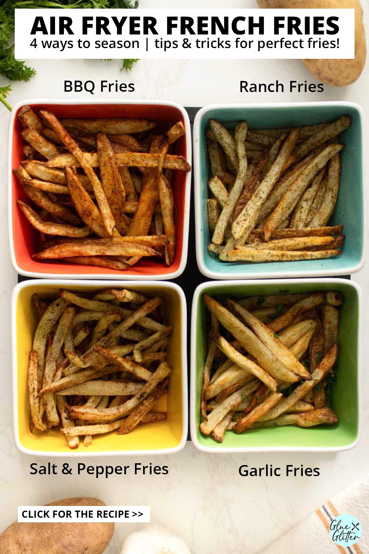 air fryer fries, after seasoning and serving, text labels on each flavor