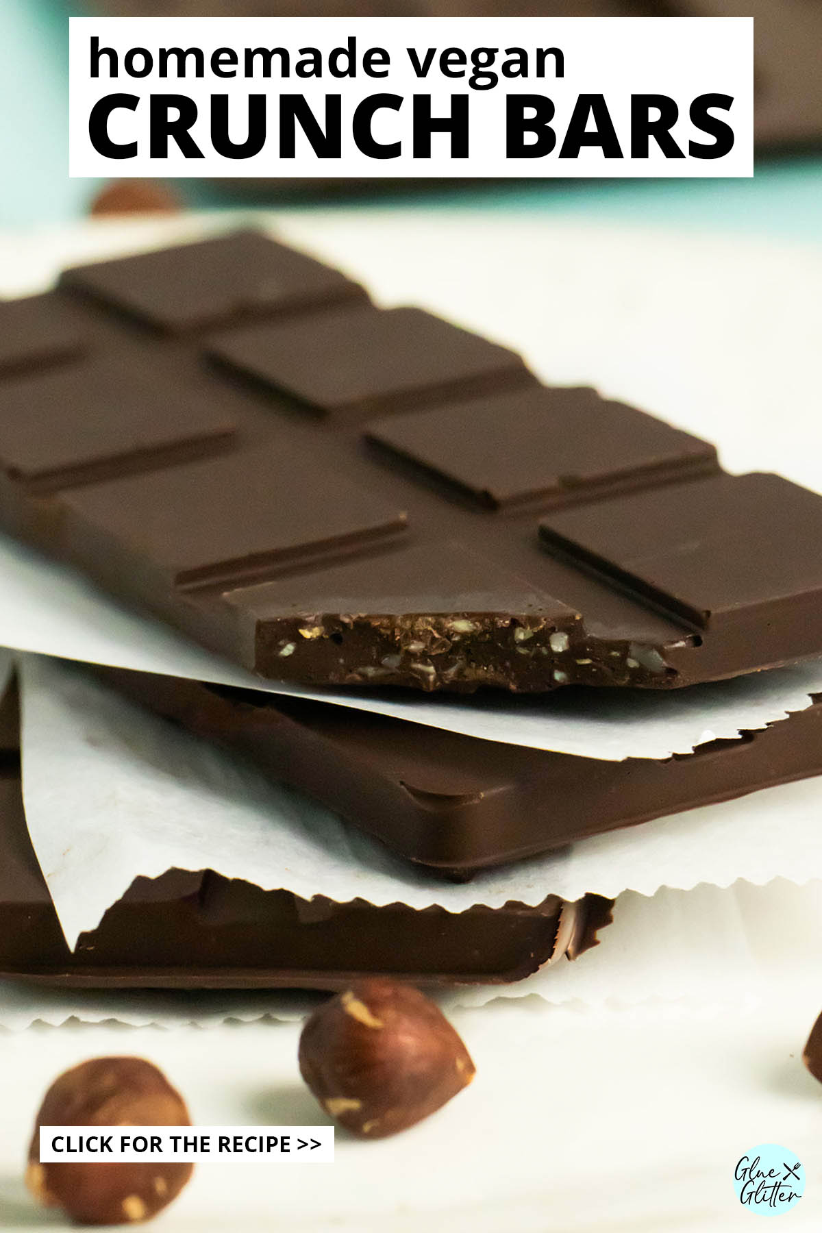 stack of vegan crunch bars on parchment paper with a bite out of one bar, text overlay