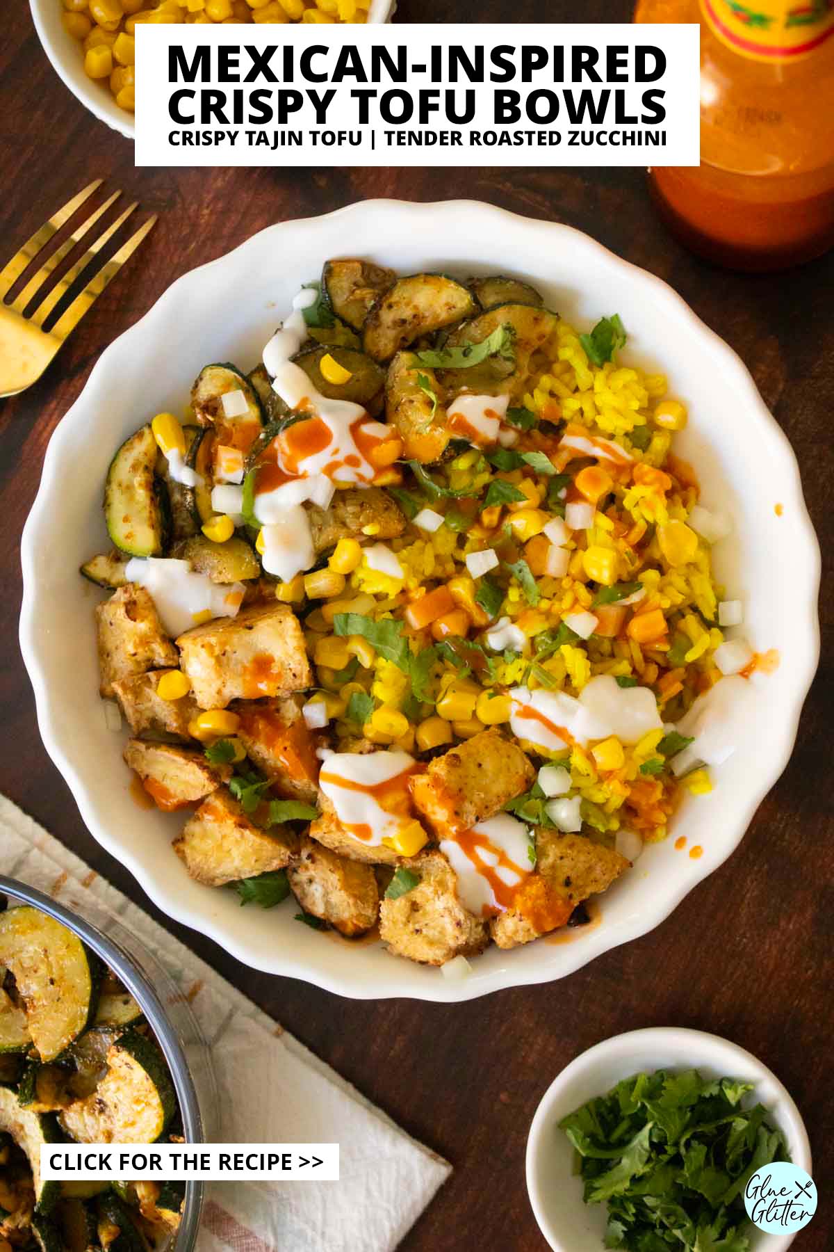 Mexican-inspired crispy tofu bowl with all of the toppings, text overlay