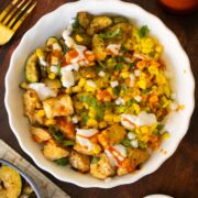 Mexican-inspired crispy tofu bowl with all of the toppings