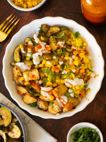 Mexican-inspired crispy tofu bowl with all of the toppings