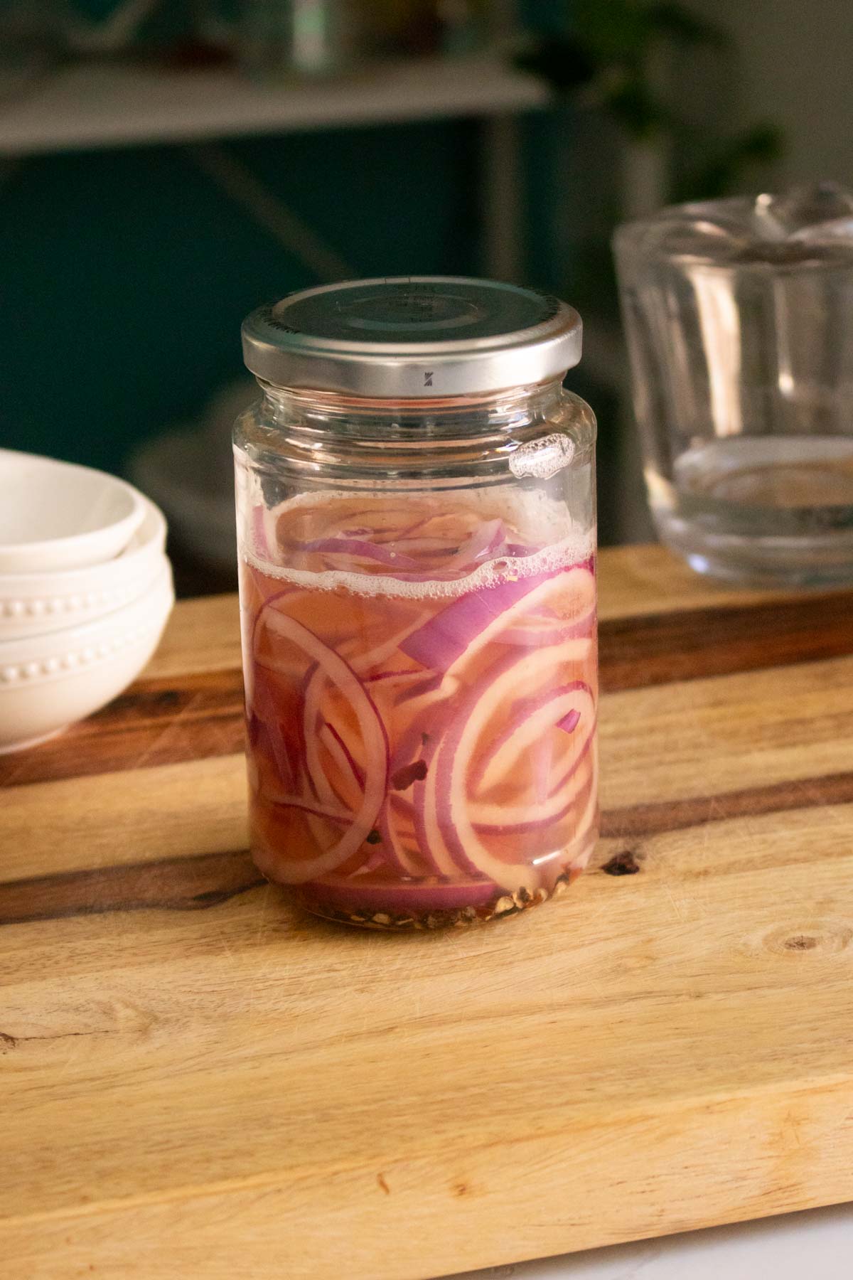 pickled onions in the jar after shaking