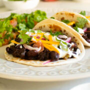 extreme close-up of vegan black bean tacos