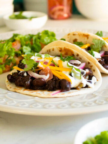 extreme close-up of vegan black bean tacos