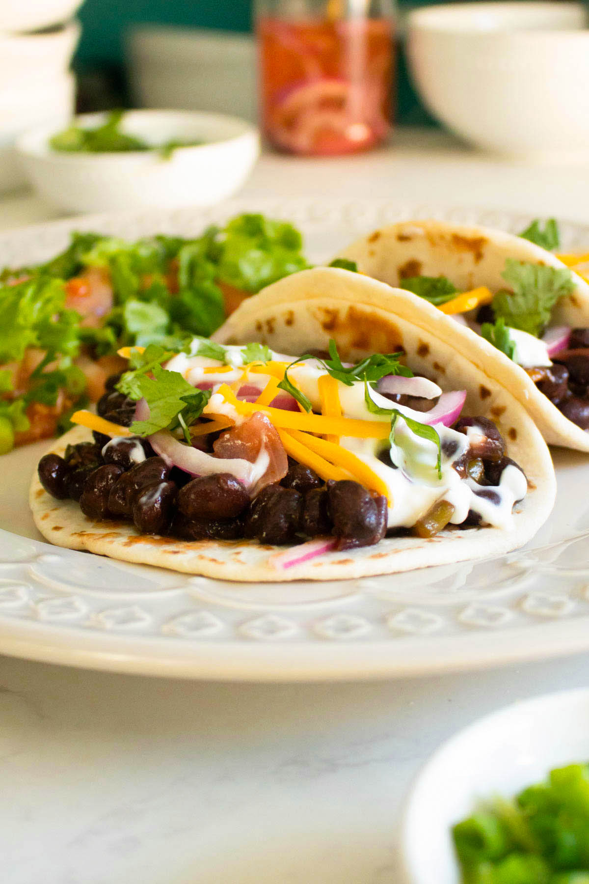 extreme close-up of vegan black bean tacos