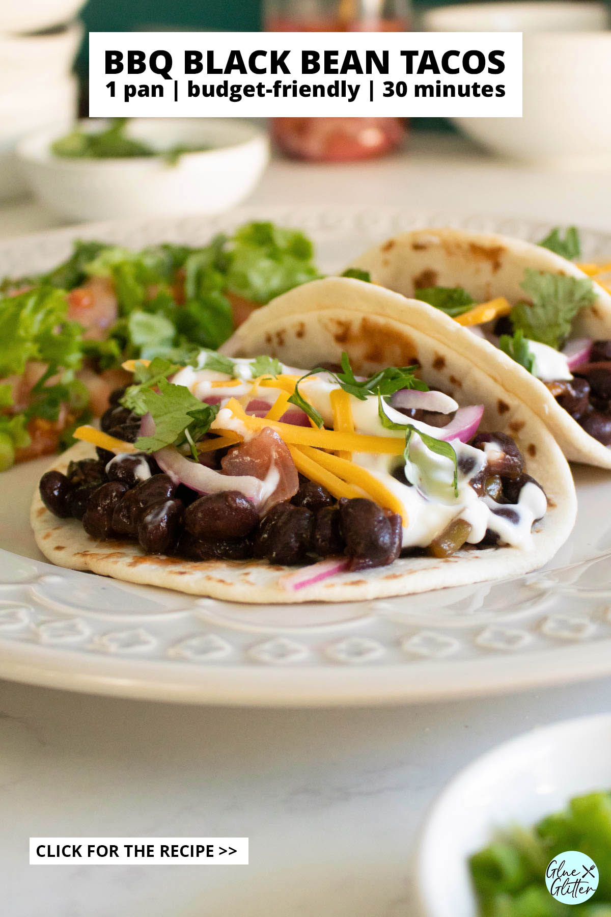 close-up of vegan black bean tacos, text overlay