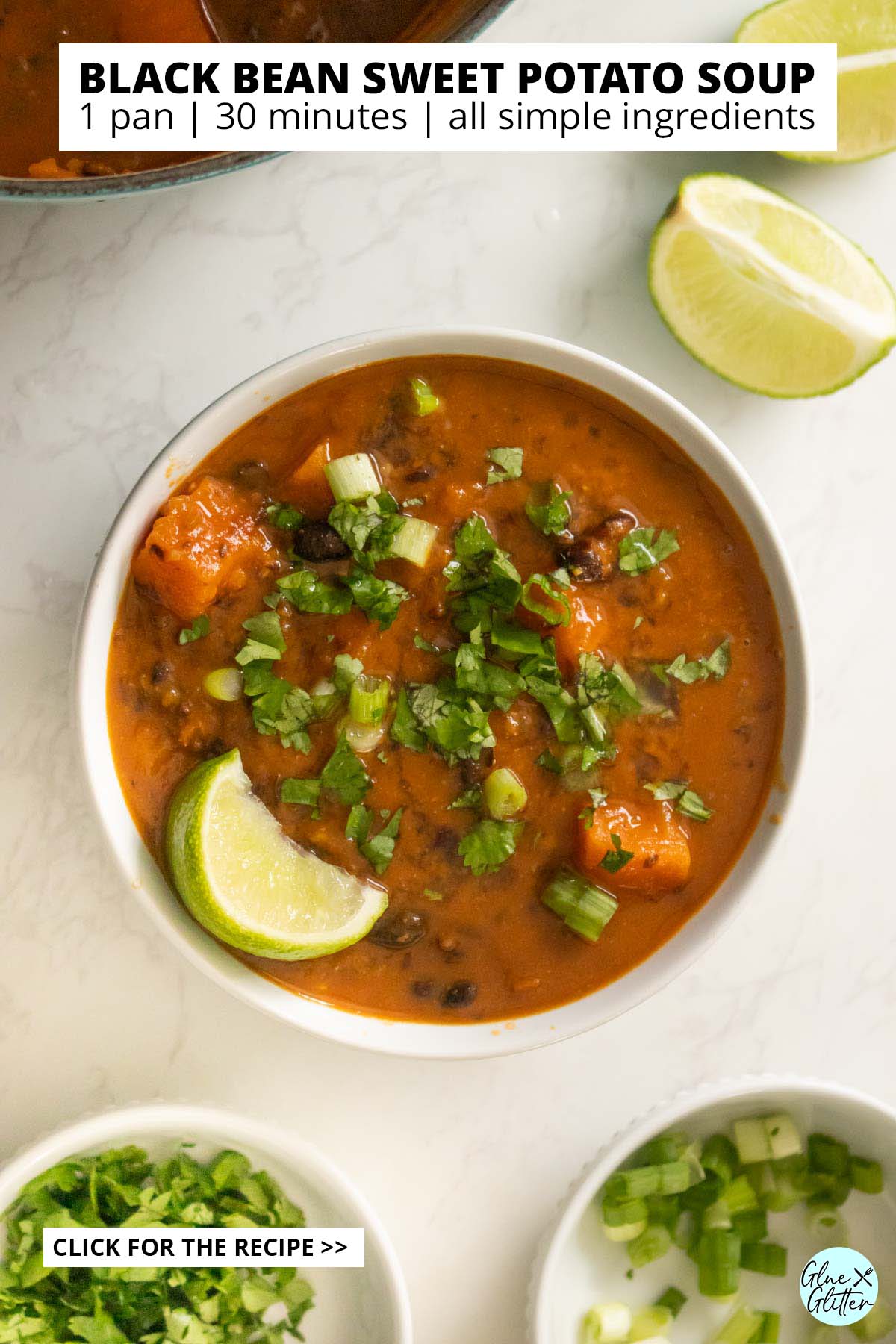 bowl of black bean sweet potato soup, text overlay
