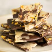 close-up of chocolate pistachio bark on a plate