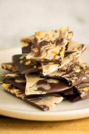 close-up of chocolate pistachio bark on a plate