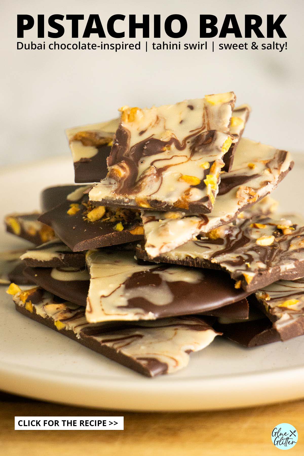close-up of chocolate pistachio bark on a plate, text overlay