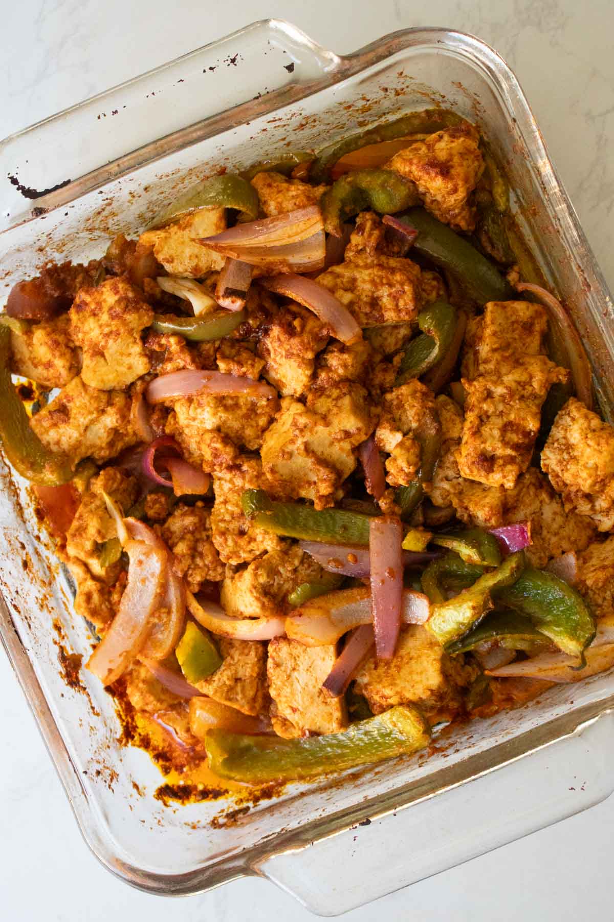 vegan fajita mixture in the pan after baking