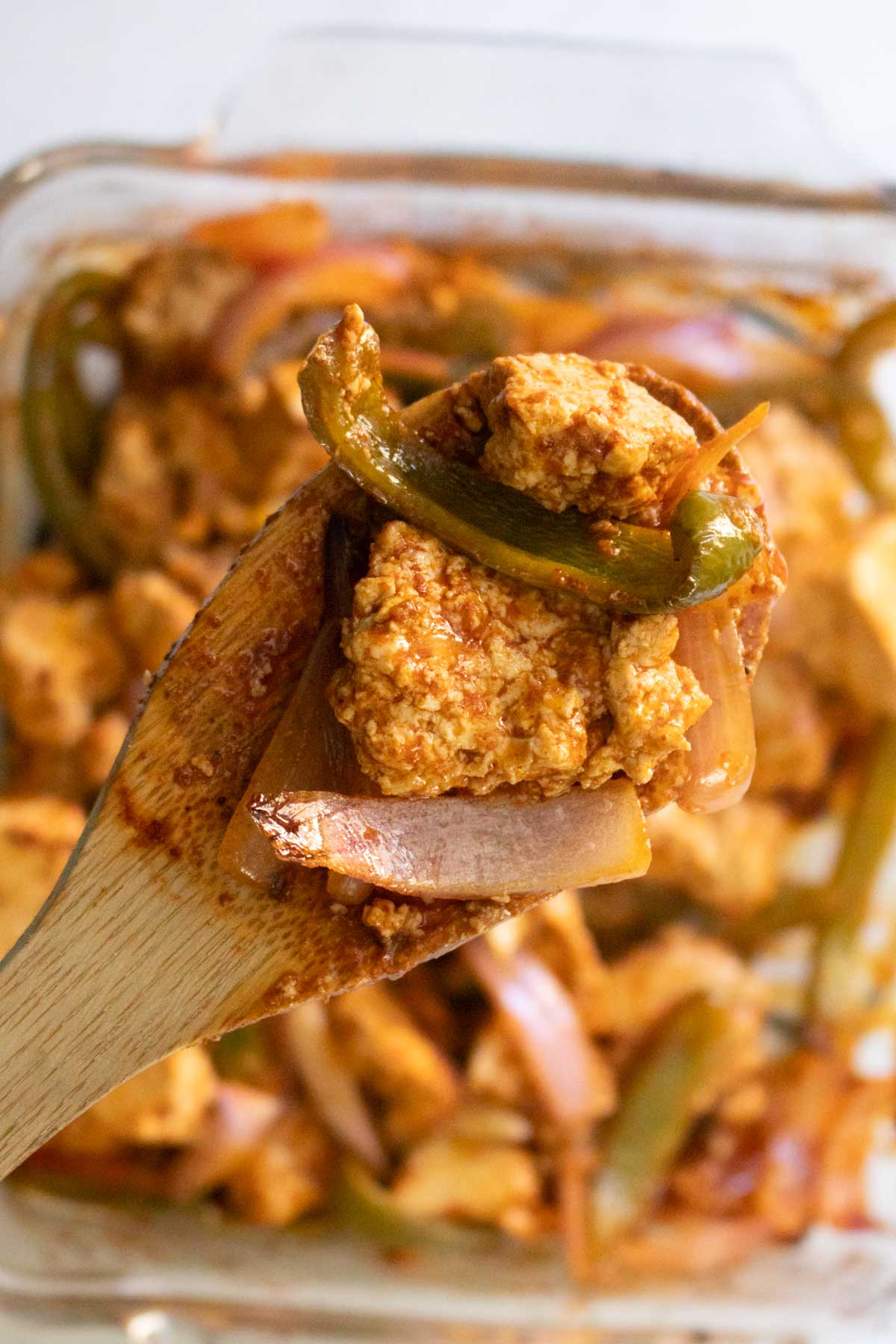 serving the vegan fajita mixture on a spoon