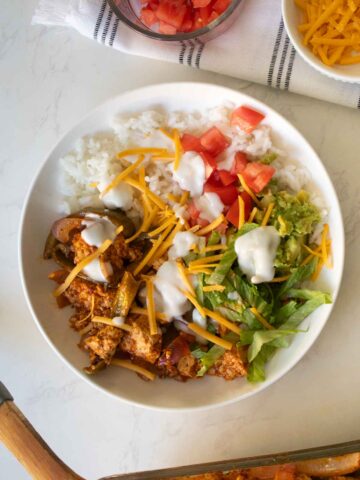 vegan fajita bowls after adding the toppings