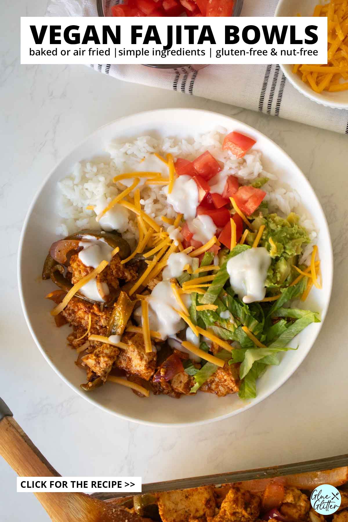 tofu fajita bowls, text overlay