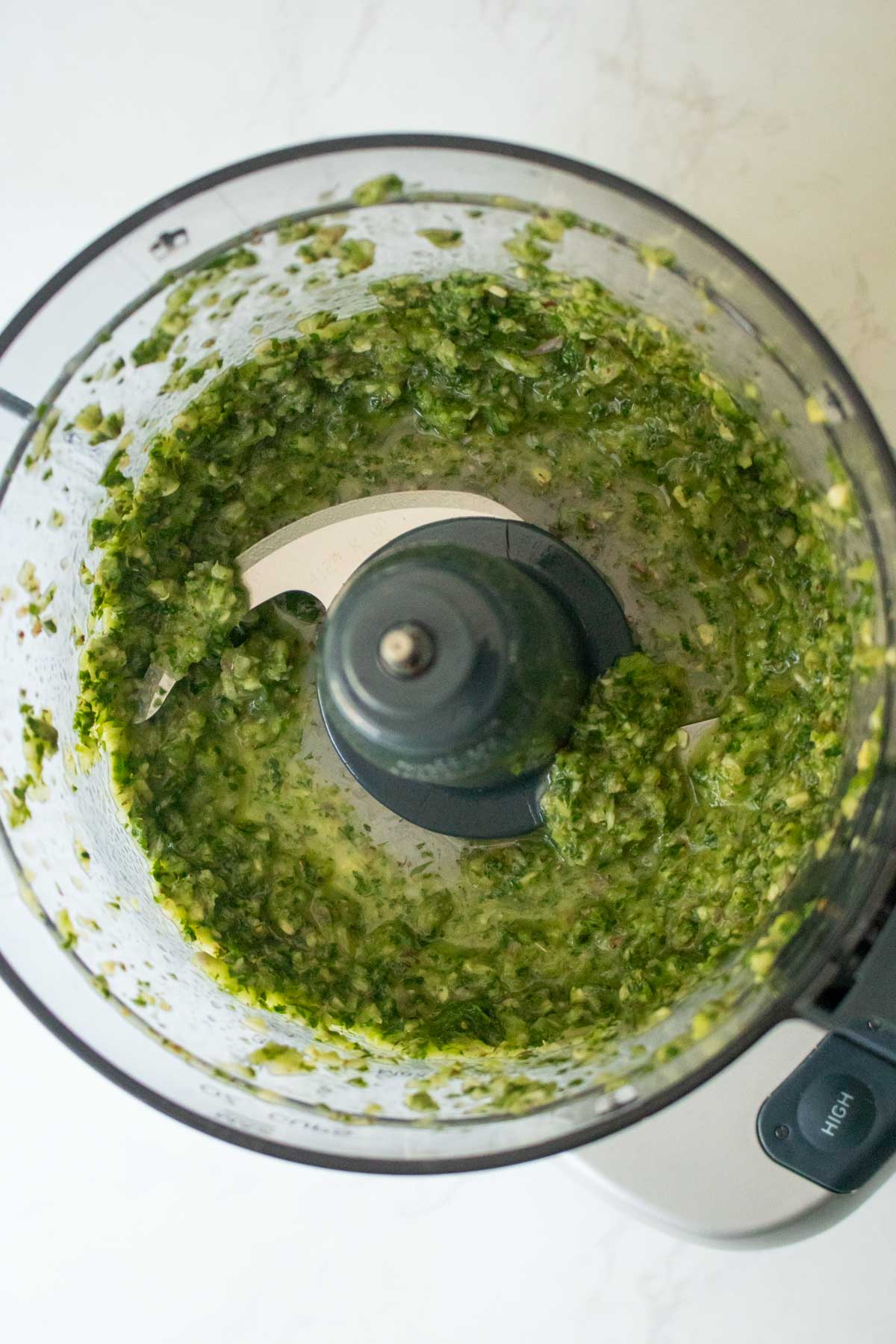 chimichurri in the food processor after running it