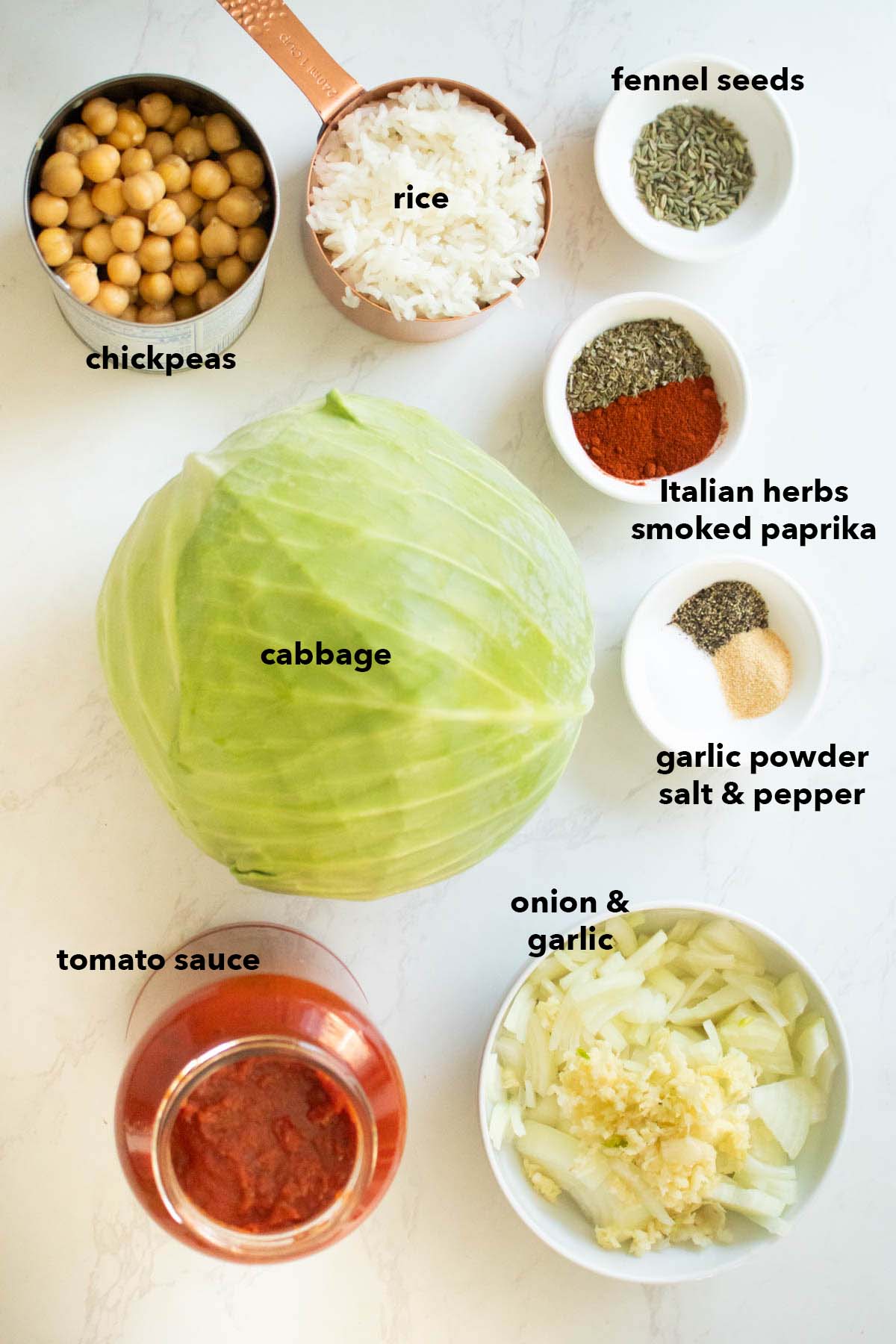 vegan rolled cabbage ingredients on a white table
