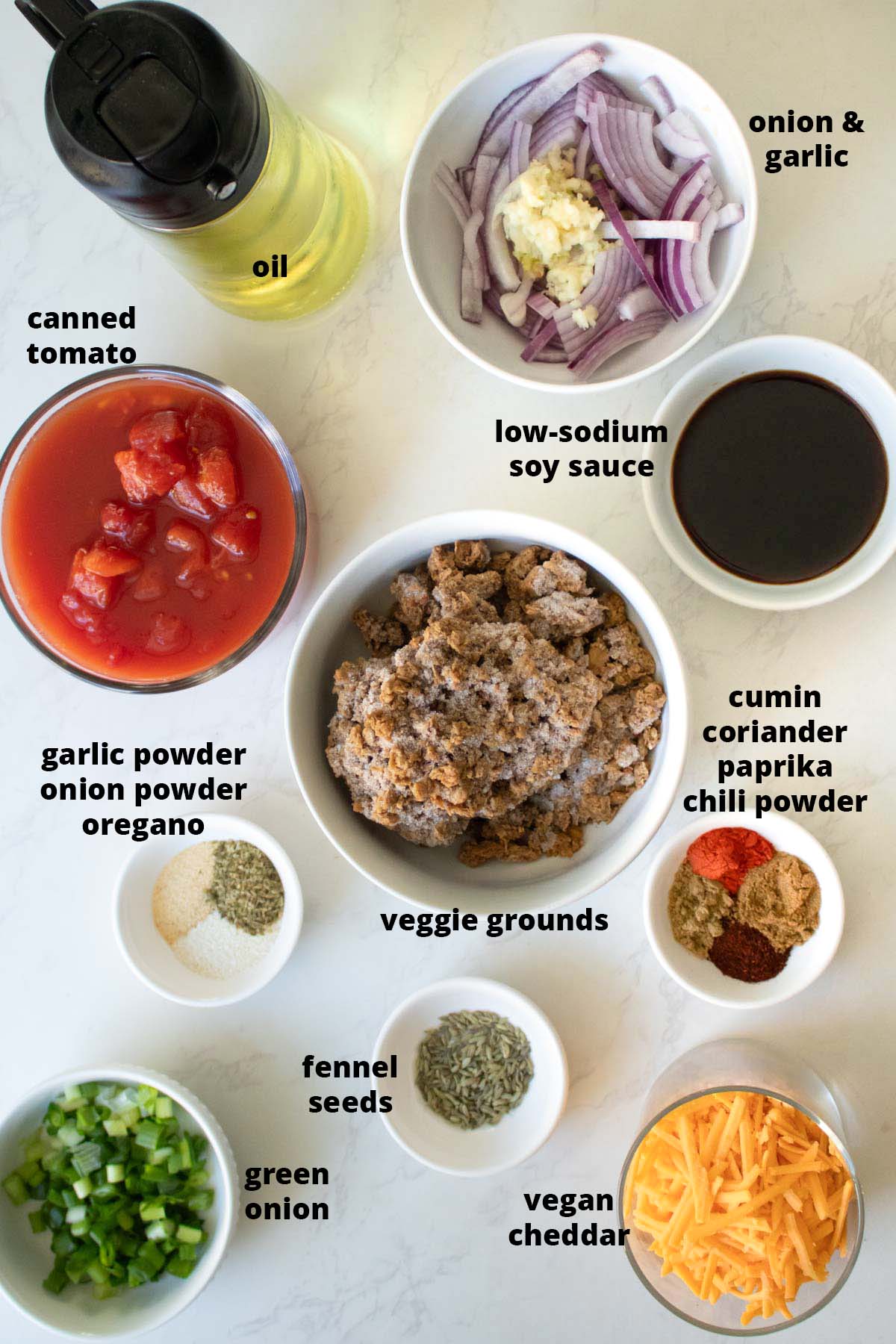 sausage-y crumbles ingredients in bowls with text labels