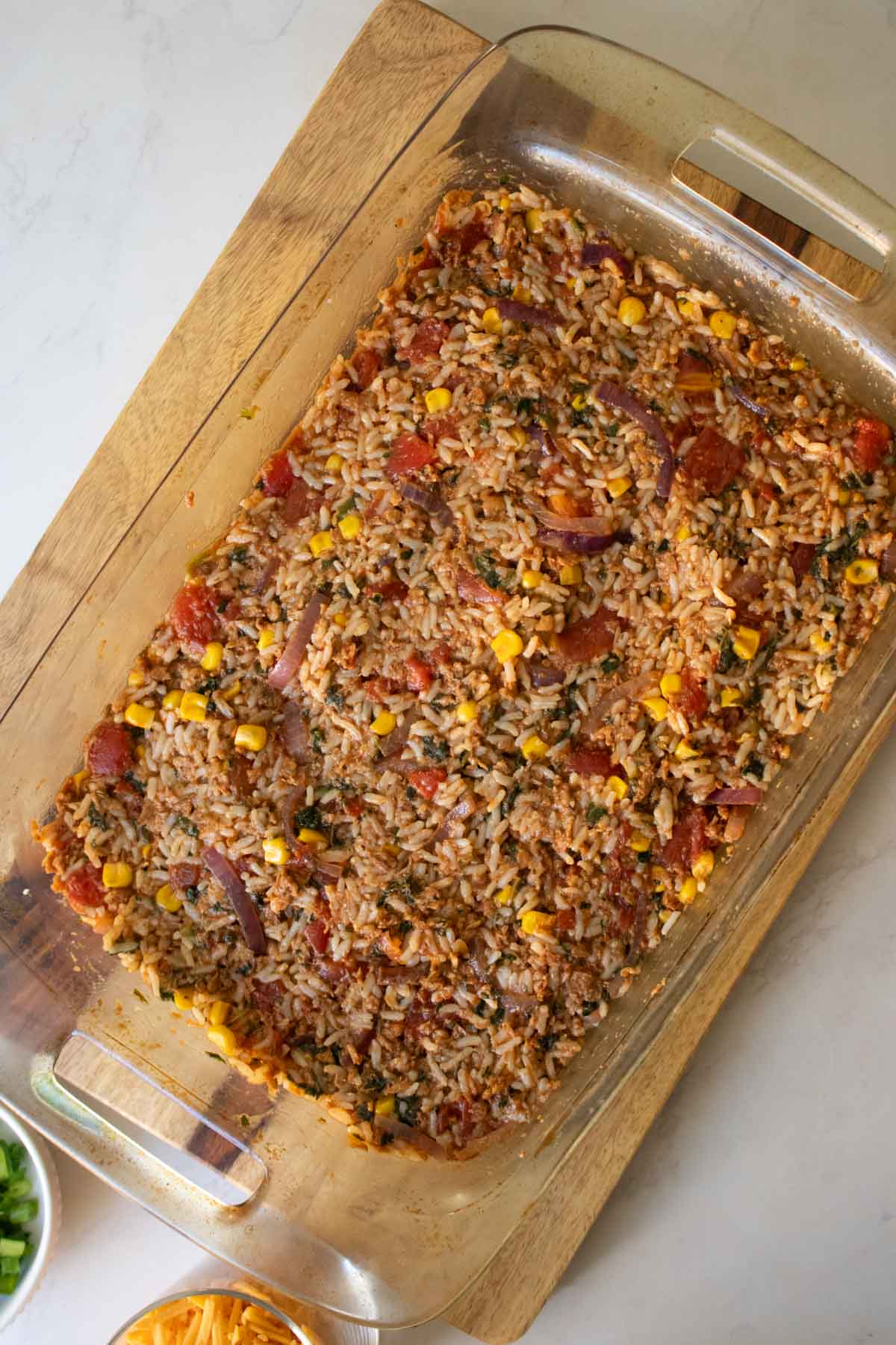 vegan taco casserole filling in the pan after mixing together